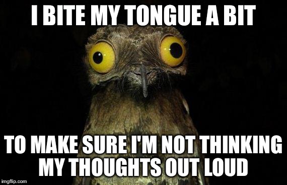 Weird Stuff I Do Potoo Meme | I BITE MY TONGUE A BIT; TO MAKE SURE I'M NOT THINKING MY THOUGHTS OUT LOUD | image tagged in memes,weird stuff i do potoo | made w/ Imgflip meme maker