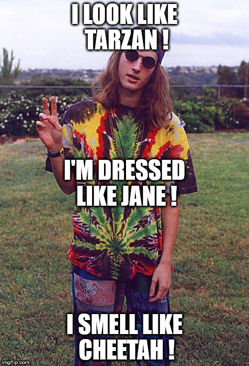 Hippie | I LOOK LIKE TARZAN ! I'M DRESSED LIKE JANE ! I SMELL LIKE CHEETAH ! | image tagged in hippie | made w/ Imgflip meme maker