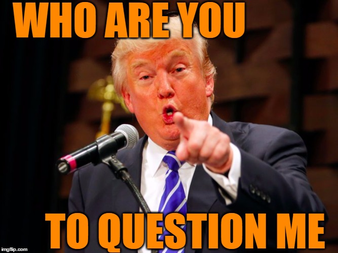 trump point | WHO ARE YOU TO QUESTION ME | image tagged in trump point | made w/ Imgflip meme maker
