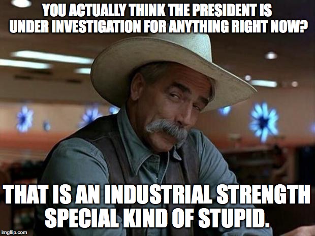 Damn funny you can't link to even one page of indictment, isn't it? | YOU ACTUALLY THINK THE PRESIDENT IS UNDER INVESTIGATION FOR ANYTHING RIGHT NOW? THAT IS AN INDUSTRIAL STRENGTH SPECIAL KIND OF STUPID. | image tagged in special kind of stupid,trump,2017,democrats,investigation | made w/ Imgflip meme maker