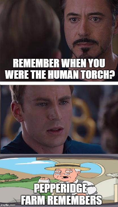 I remember, Marvel! I remember! | REMEMBER WHEN YOU WERE THE HUMAN TORCH? PEPPERIDGE FARM REMEMBERS | image tagged in memes,marvel civil war 2 | made w/ Imgflip meme maker