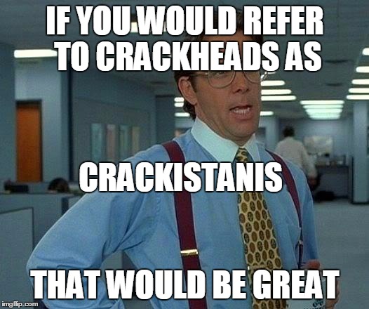That Would Be Great Meme | IF YOU WOULD REFER TO CRACKHEADS AS THAT WOULD BE GREAT CRACKISTANIS | image tagged in memes,that would be great | made w/ Imgflip meme maker