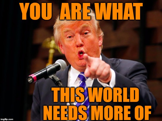 trump point | YOU  ARE WHAT THIS WORLD NEEDS MORE OF | image tagged in trump point | made w/ Imgflip meme maker