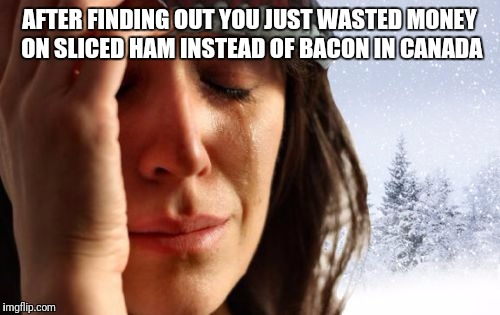 1st World Canadian Problems | AFTER FINDING OUT YOU JUST WASTED MONEY ON SLICED HAM INSTEAD OF BACON IN CANADA | image tagged in memes,1st world canadian problems | made w/ Imgflip meme maker