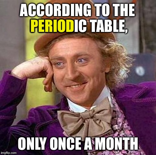 Creepy Condescending Wonka Meme | ACCORDING TO THE PERIODIC TABLE, ONLY ONCE A MONTH PERIOD | image tagged in memes,creepy condescending wonka | made w/ Imgflip meme maker
