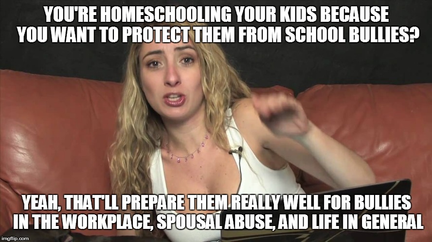 Lauren Francesca | YOU'RE HOMESCHOOLING YOUR KIDS BECAUSE YOU WANT TO PROTECT THEM FROM SCHOOL BULLIES? YEAH, THAT'LL PREPARE THEM REALLY WELL FOR BULLIES IN THE WORKPLACE, SPOUSAL ABUSE, AND LIFE IN GENERAL | image tagged in lauren francesca | made w/ Imgflip meme maker