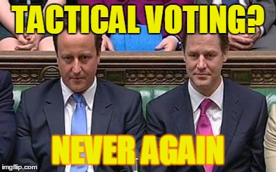 TACTICAL VOTING? NEVER AGAIN | image tagged in never again | made w/ Imgflip meme maker