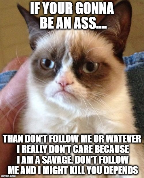Grumpy Cat Meme | IF YOUR GONNA BE AN ASS.... THAN DON'T FOLLOW ME OR WATEVER I REALLY DON'T CARE BECAUSE I AM A SAVAGE. DON'T FOLLOW ME AND I MIGHT KILL YOU DEPENDS | image tagged in memes,grumpy cat | made w/ Imgflip meme maker