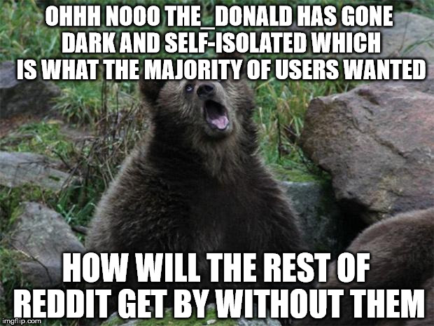 Sarcastic Bear | OHHH NOOO THE_DONALD HAS GONE DARK AND SELF-ISOLATED WHICH IS WHAT THE MAJORITY OF USERS WANTED; HOW WILL THE REST OF REDDIT GET BY WITHOUT THEM | image tagged in sarcastic bear,AdviceAnimals | made w/ Imgflip meme maker