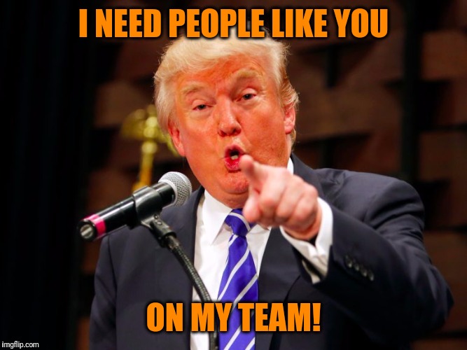 trump point | I NEED PEOPLE LIKE YOU ON MY TEAM! | image tagged in trump point | made w/ Imgflip meme maker
