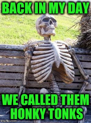 Waiting Skeleton Meme | BACK IN MY DAY WE CALLED THEM HONKY TONKS | image tagged in memes,waiting skeleton | made w/ Imgflip meme maker