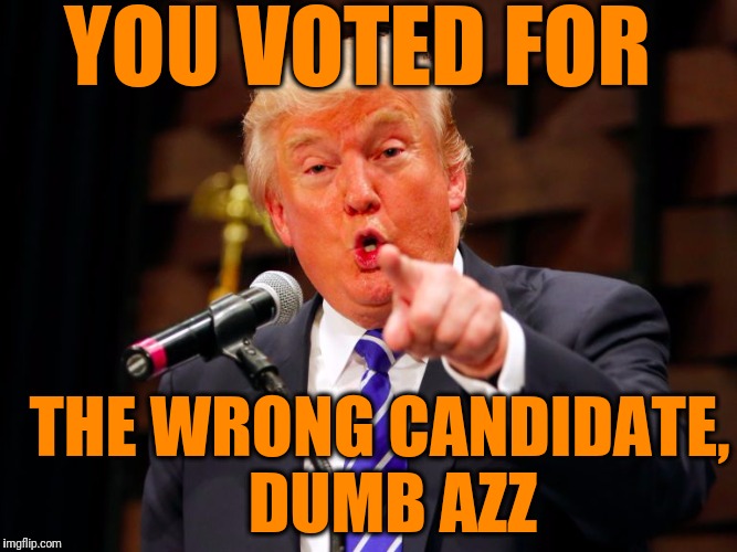 trump point | YOU VOTED FOR THE WRONG CANDIDATE,  DUMB AZZ | image tagged in trump point | made w/ Imgflip meme maker