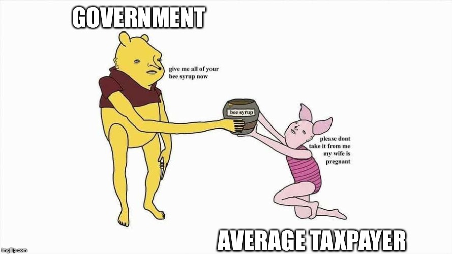Taking What We Need | GOVERNMENT; AVERAGE TAXPAYER | image tagged in taxpayer,government,winnie the pooh,piglet | made w/ Imgflip meme maker