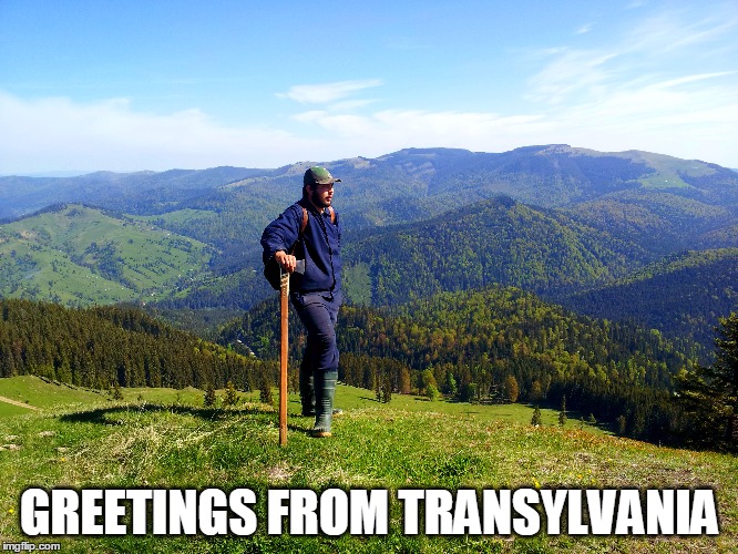 Hello Imgflippers, I'm just a peasant and a farmer from Romania. | GREETINGS FROM TRANSYLVANIA | image tagged in peasant mountains axe cow sheep fire | made w/ Imgflip meme maker