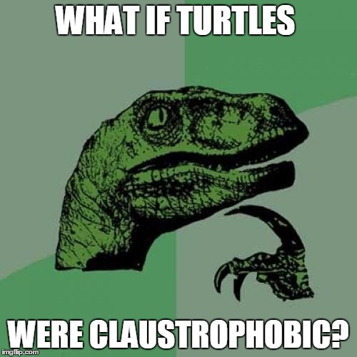 Philosoraptor Meme | WHAT IF TURTLES; WERE CLAUSTROPHOBIC? | image tagged in memes,philosoraptor | made w/ Imgflip meme maker