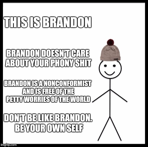 Be Like Bill Meme | THIS IS BRANDON; BRANDON DOESN'T CARE ABOUT YOUR PHONY SHIT; BRANDON IS A NONCONFORMIST AND IS FREE OF THE PETTY WORRIES OF THE WORLD; DON'T BE LIKE BRANDON. BE YOUR OWN SELF | image tagged in memes,be like bill | made w/ Imgflip meme maker