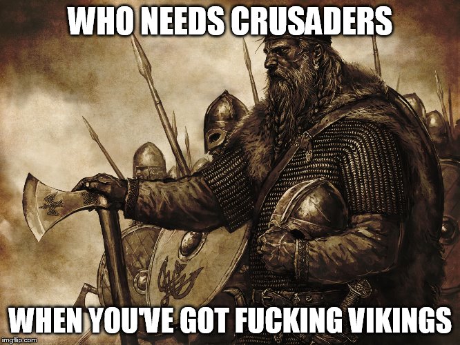 Who needs Crusaders | WHO NEEDS CRUSADERS; WHEN YOU'VE GOT FUCKING VIKINGS | image tagged in vikings no police force necessary,viking,vikings,crusader,crusaders,crusades | made w/ Imgflip meme maker