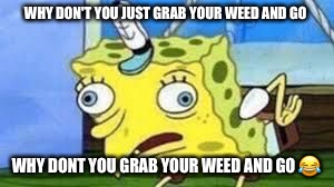 Mocking Spongebob Meme | WHY DON'T YOU JUST GRAB YOUR WEED AND GO; WHY DONT YOU GRAB YOUR WEED AND GO 😂 | image tagged in spongebob mock | made w/ Imgflip meme maker