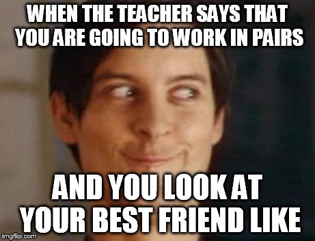 Spiderman Peter Parker Meme | WHEN THE TEACHER SAYS THAT YOU ARE GOING TO WORK IN PAIRS; AND YOU LOOK AT YOUR BEST FRIEND LIKE | image tagged in memes,spiderman peter parker | made w/ Imgflip meme maker