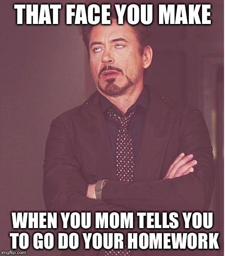 Face You Make Robert Downey Jr | THAT FACE YOU MAKE; WHEN YOU MOM TELLS YOU TO GO DO YOUR HOMEWORK | image tagged in memes,face you make robert downey jr | made w/ Imgflip meme maker