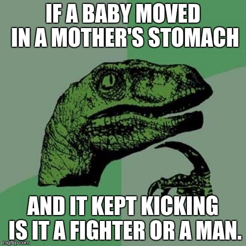 Philosoraptor Meme | IF A BABY MOVED IN A MOTHER'S STOMACH; AND IT KEPT KICKING IS IT A FIGHTER OR A MAN. | image tagged in memes,philosoraptor | made w/ Imgflip meme maker