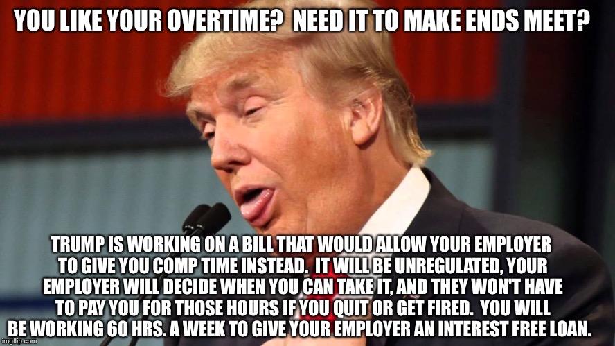 Wake up.  He's not going to help the "working man and woman."  He's working to screw them.   | YOU LIKE YOUR OVERTIME?  NEED IT TO MAKE ENDS MEET? TRUMP IS WORKING ON A BILL THAT WOULD ALLOW YOUR EMPLOYER TO GIVE YOU COMP TIME INSTEAD.  IT WILL BE UNREGULATED, YOUR EMPLOYER WILL DECIDE WHEN YOU CAN TAKE IT, AND THEY WON'T HAVE TO PAY YOU FOR THOSE HOURS IF YOU QUIT OR GET FIRED.  YOU WILL BE WORKING 60 HRS. A WEEK TO GIVE YOUR EMPLOYER AN INTEREST FREE LOAN. | image tagged in asshole | made w/ Imgflip meme maker