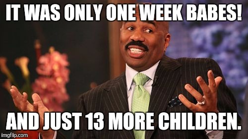 Steve Harvey | IT WAS ONLY ONE WEEK BABES! AND JUST 13 MORE CHILDREN. | image tagged in memes,steve harvey | made w/ Imgflip meme maker