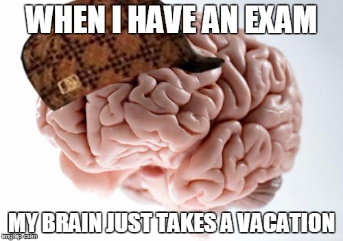 Scumbag Brain | WHEN I HAVE AN EXAM; MY BRAIN JUST TAKES A VACATION | image tagged in memes,scumbag brain | made w/ Imgflip meme maker