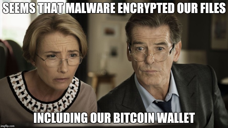 When hackers fail... | SEEMS THAT MALWARE ENCRYPTED OUR FILES; INCLUDING OUR BITCOIN WALLET | image tagged in wondering,bitcoin,memes,funny,hackers,fail | made w/ Imgflip meme maker