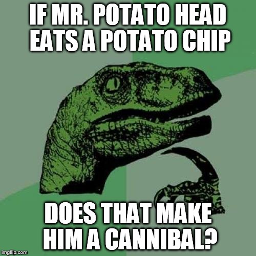 Philosoraptor Meme | IF MR. POTATO HEAD EATS A POTATO CHIP; DOES THAT MAKE HIM A CANNIBAL? | image tagged in memes,philosoraptor | made w/ Imgflip meme maker