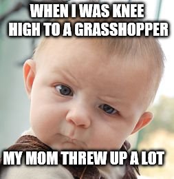 Skeptical Baby | WHEN I WAS KNEE HIGH TO A GRASSHOPPER; MY MOM THREW UP A LOT | image tagged in memes,skeptical baby | made w/ Imgflip meme maker