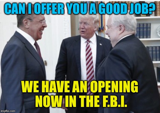 Have I got the position for you... | CAN I OFFER YOU A GOOD JOB? WE HAVE AN OPENING NOW IN THE F.B.I. | image tagged in memes,donald trump | made w/ Imgflip meme maker