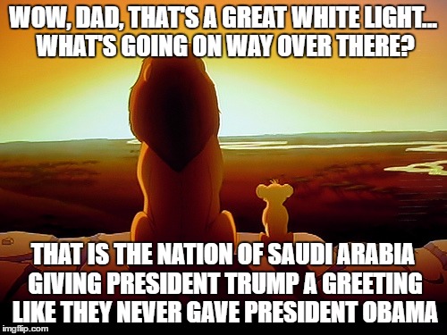 Mufasa and Simba looking towards Saudi Arabia as President Trump arrives in Riyadh   | WOW, DAD, THAT'S A GREAT WHITE LIGHT... WHAT'S GOING ON WAY OVER THERE? THAT IS THE NATION OF SAUDI ARABIA GIVING PRESIDENT TRUMP A GREETING LIKE THEY NEVER GAVE PRESIDENT OBAMA | image tagged in lion king,donald trump approves,election 2016 aftermath,president obama,saudi arabia,liberals vs conservatives | made w/ Imgflip meme maker