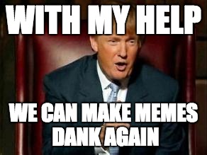 Donald Trump |  WITH MY HELP; WE CAN MAKE MEMES DANK AGAIN | image tagged in donald trump | made w/ Imgflip meme maker