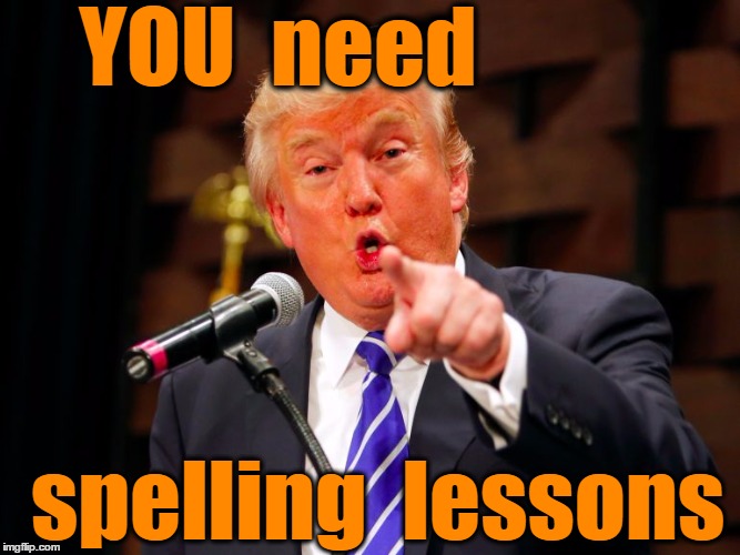 trump point | YOU  need spelling  lessons | image tagged in trump point | made w/ Imgflip meme maker