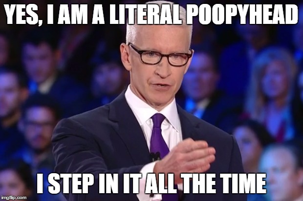 anderson cooper | YES, I AM A LITERAL POOPYHEAD I STEP IN IT ALL THE TIME | image tagged in anderson cooper | made w/ Imgflip meme maker