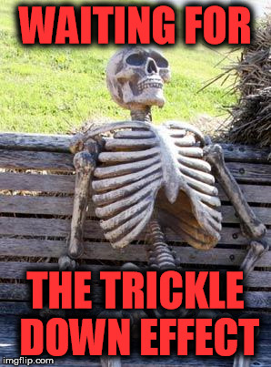 Waiting Skeleton Meme | WAITING FOR; THE TRICKLE DOWN EFFECT | image tagged in trickle down | made w/ Imgflip meme maker