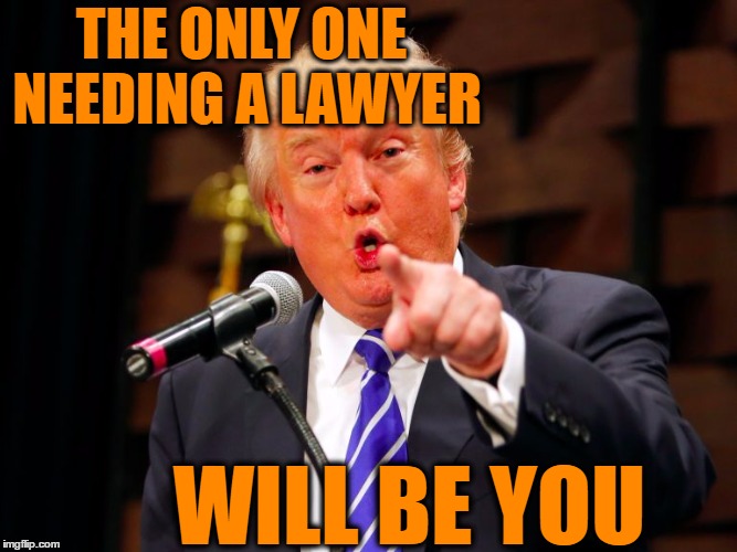trump point | THE ONLY ONE NEEDING A LAWYER WILL BE YOU | image tagged in trump point | made w/ Imgflip meme maker