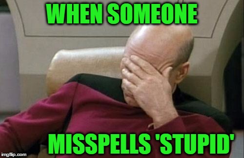 Captain Picard Facepalm Meme | WHEN SOMEONE MISSPELLS 'STUPID' | image tagged in memes,captain picard facepalm | made w/ Imgflip meme maker