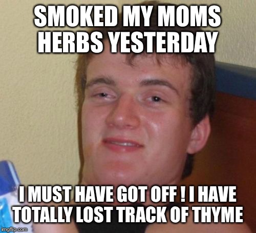 Purple haze sage, rosemary and thyme  | SMOKED MY MOMS HERBS YESTERDAY; I MUST HAVE GOT OFF ! I HAVE TOTALLY LOST TRACK OF THYME | image tagged in memes,10 guy,funny | made w/ Imgflip meme maker