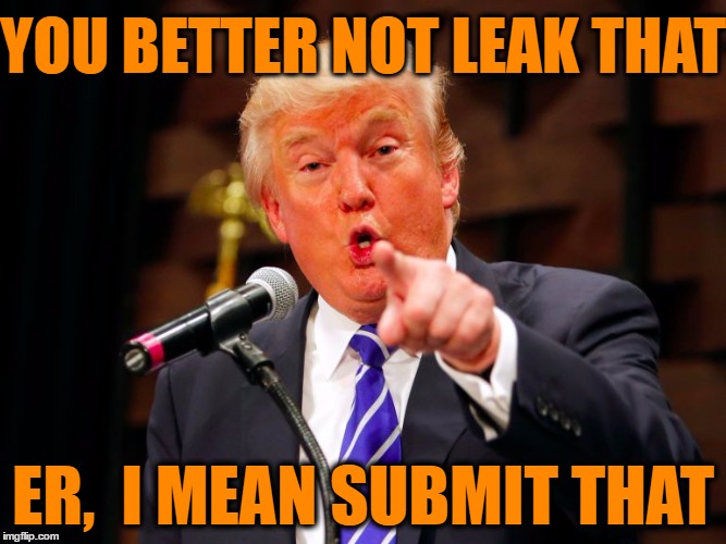 trump point | YOU BETTER NOT LEAK THAT ER,  I MEAN SUBMIT THAT | image tagged in trump point | made w/ Imgflip meme maker