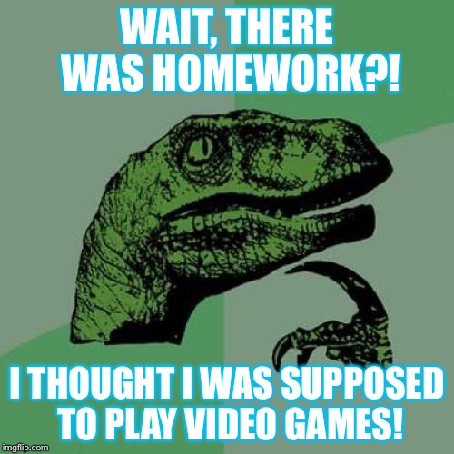 Philosoraptor | WAIT, THERE WAS HOMEWORK?! I THOUGHT I WAS SUPPOSED TO PLAY VIDEO GAMES! | image tagged in memes,philosoraptor | made w/ Imgflip meme maker