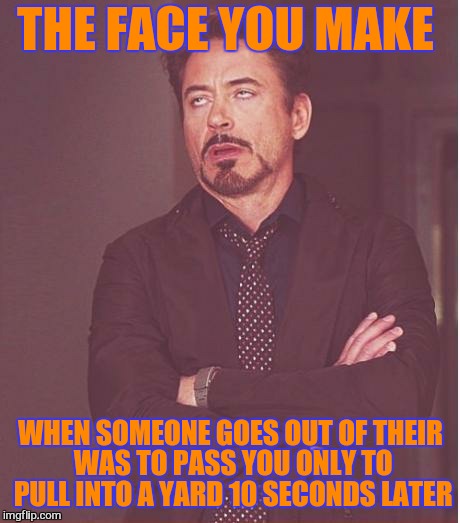 Face You Make Robert Downey Jr Meme | THE FACE YOU MAKE; WHEN SOMEONE GOES OUT OF THEIR WAS TO PASS YOU ONLY TO PULL INTO A YARD 10 SECONDS LATER | image tagged in memes,face you make robert downey jr,speeding,passing,cars | made w/ Imgflip meme maker