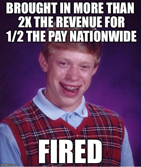 Bad Luck Brian Meme | BROUGHT IN MORE THAN 2X THE REVENUE FOR 1/2 THE PAY NATIONWIDE FIRED | image tagged in memes,bad luck brian | made w/ Imgflip meme maker