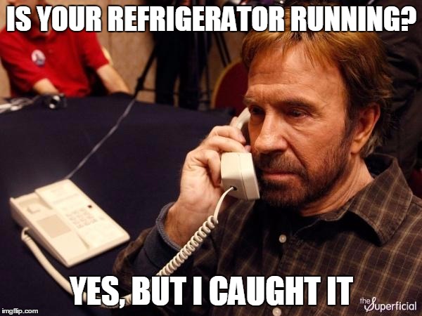Chuck Norris Phone | IS YOUR REFRIGERATOR RUNNING? YES, BUT I CAUGHT IT | image tagged in memes,chuck norris phone,chuck norris | made w/ Imgflip meme maker