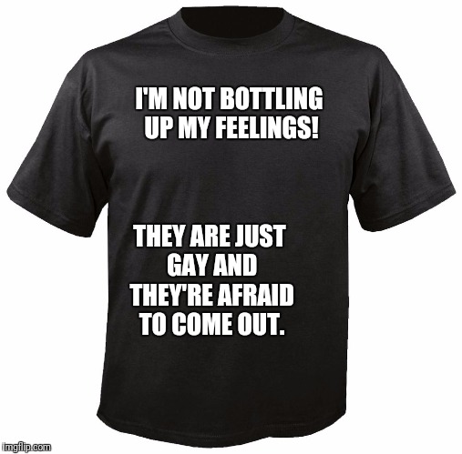 Please, never let me start seeing a counselor. | I'M NOT BOTTLING UP MY FEELINGS! THEY ARE JUST GAY AND THEY'RE AFRAID TO COME OUT. | image tagged in blank t-shirt | made w/ Imgflip meme maker