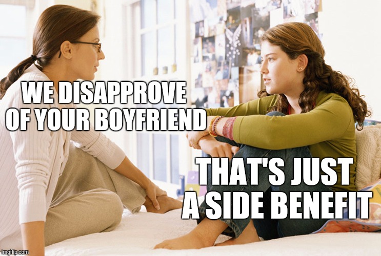 Mom and daughter | WE DISAPPROVE OF YOUR BOYFRIEND; THAT'S JUST A SIDE BENEFIT | image tagged in mom and daughter | made w/ Imgflip meme maker