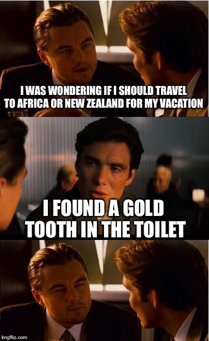 Inception | I WAS WONDERING IF I SHOULD TRAVEL TO AFRICA OR NEW ZEALAND FOR MY VACATION; I FOUND A GOLD TOOTH IN THE TOILET | image tagged in memes,inception | made w/ Imgflip meme maker