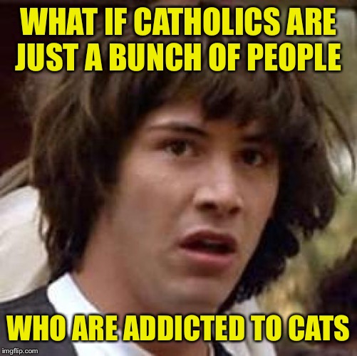 Cat-holics anonymous  | WHAT IF CATHOLICS ARE JUST A BUNCH OF PEOPLE; WHO ARE ADDICTED TO CATS | image tagged in memes,conspiracy keanu | made w/ Imgflip meme maker