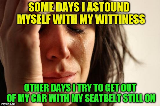 I'm supposed to pick a "clever title" ---- | SOME DAYS I ASTOUND
 MYSELF WITH MY WITTINESS; OTHER DAYS I TRY TO GET OUT OF MY CAR WITH MY SEATBELT STILL ON | image tagged in memes,first world problems | made w/ Imgflip meme maker